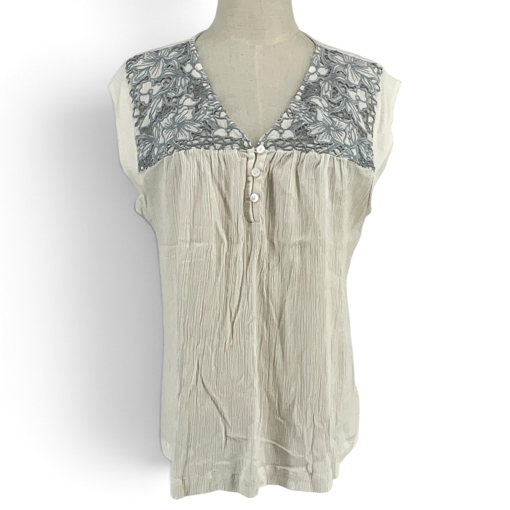 Lucky Brand Ivory Crinkle Gauze Sleeveless Embroidered Lace V-Neck Top Large